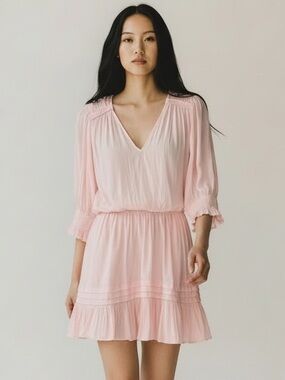 Ramy Brook Barnus Puff Sleeve Mini Dress Candy Pink Lined Ruffle Size Medium